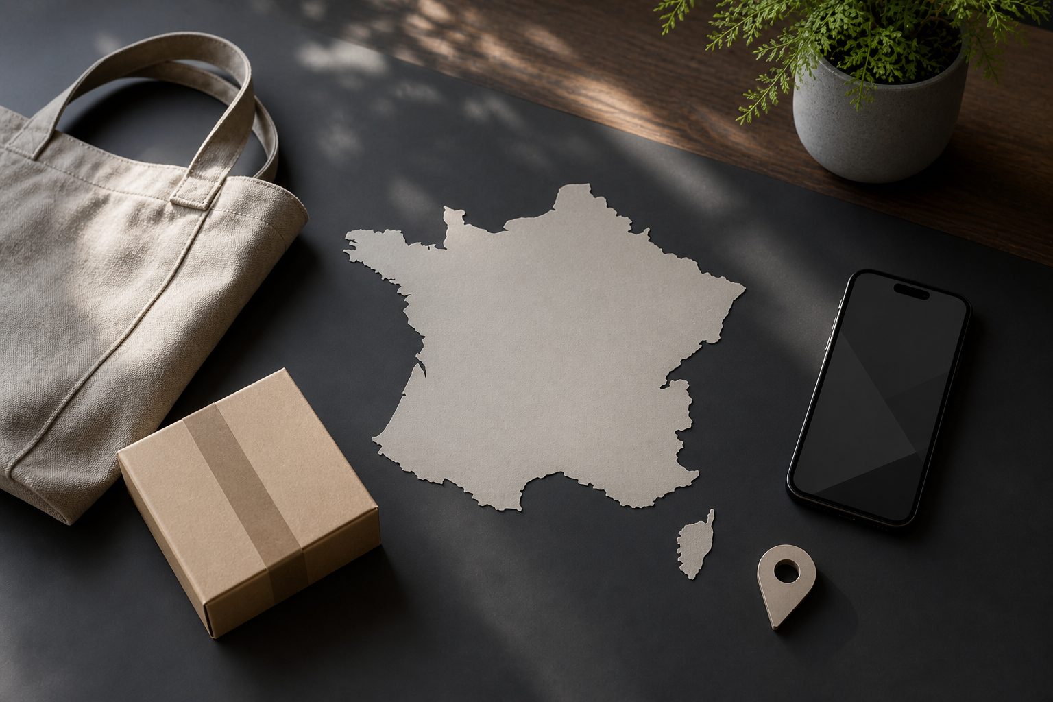 Carte de France, sac, colis et téléphone illustrant la découverte des boutiques locales